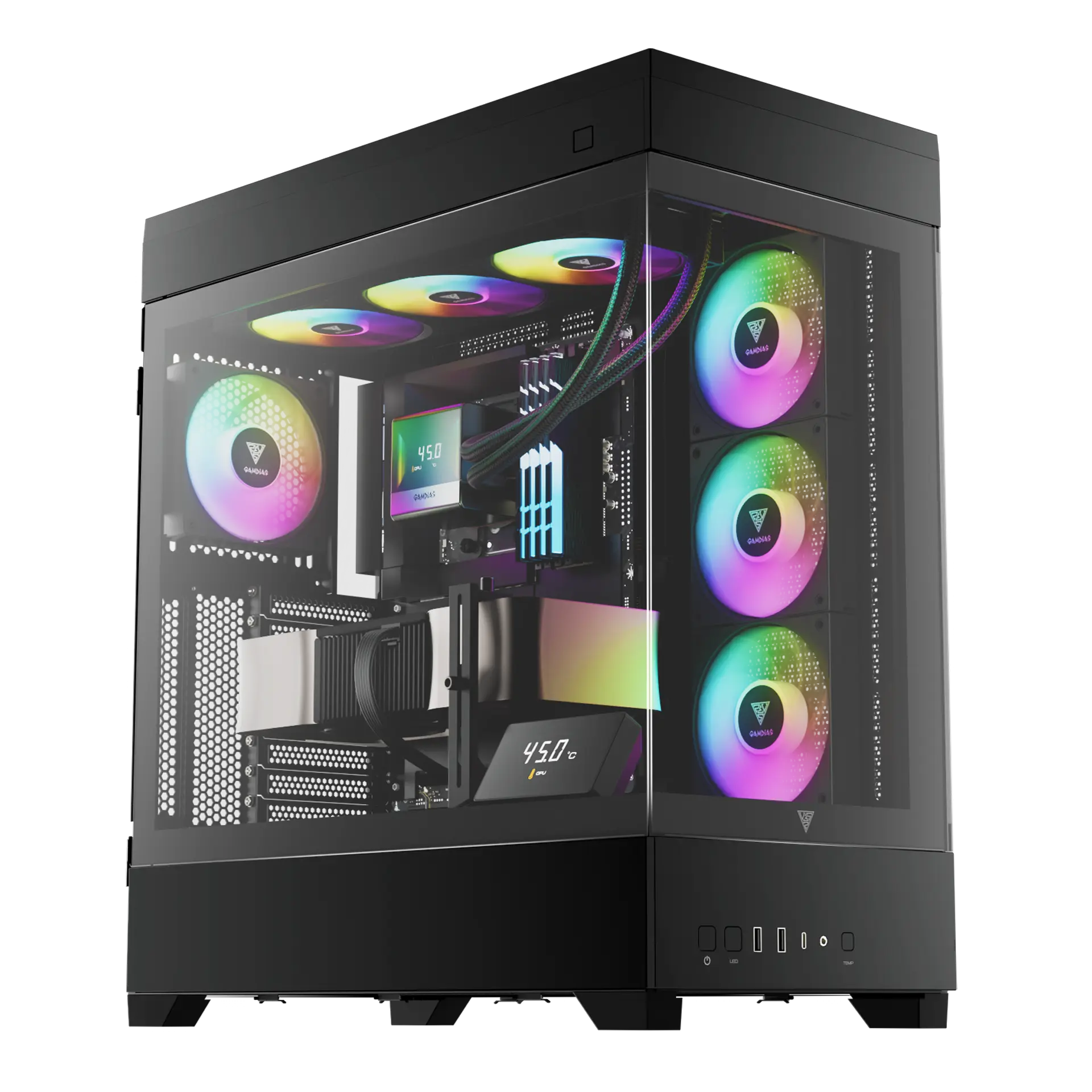 GAMDIAS ATLAS P1 BTF BLACK Two Side Glass + Adjustable Magnetic Monitoring Panel